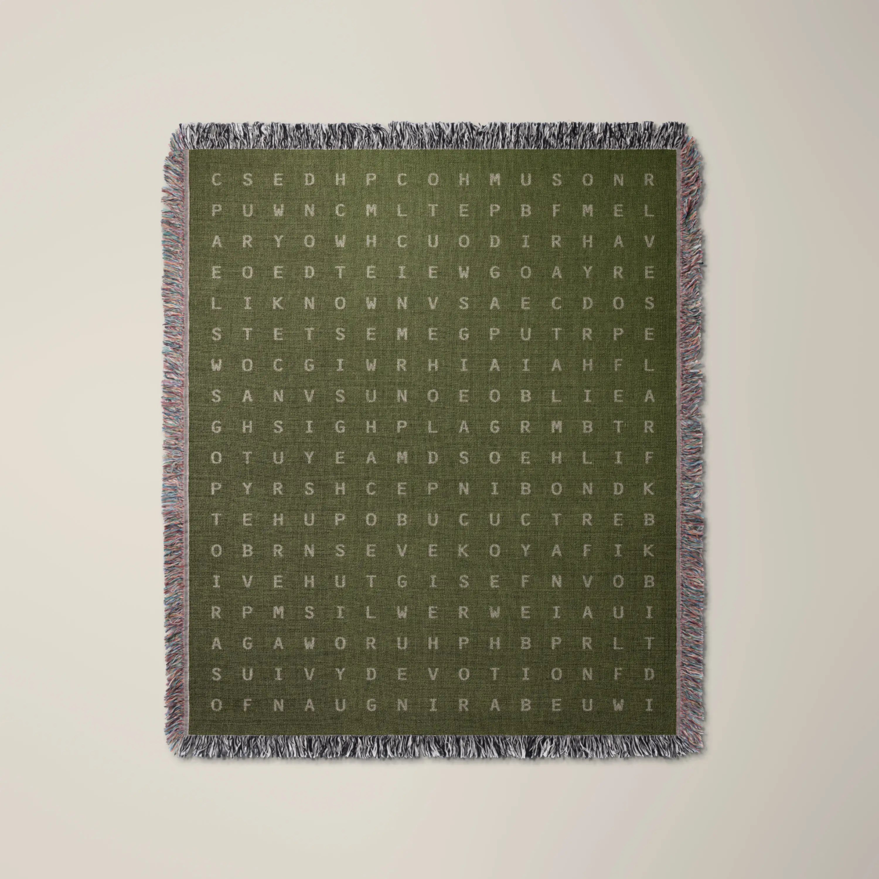 Love — No. 01 woven blanket in Olive, a grid of cream letters across olive cotton with words woven into the pattern. #color_olive